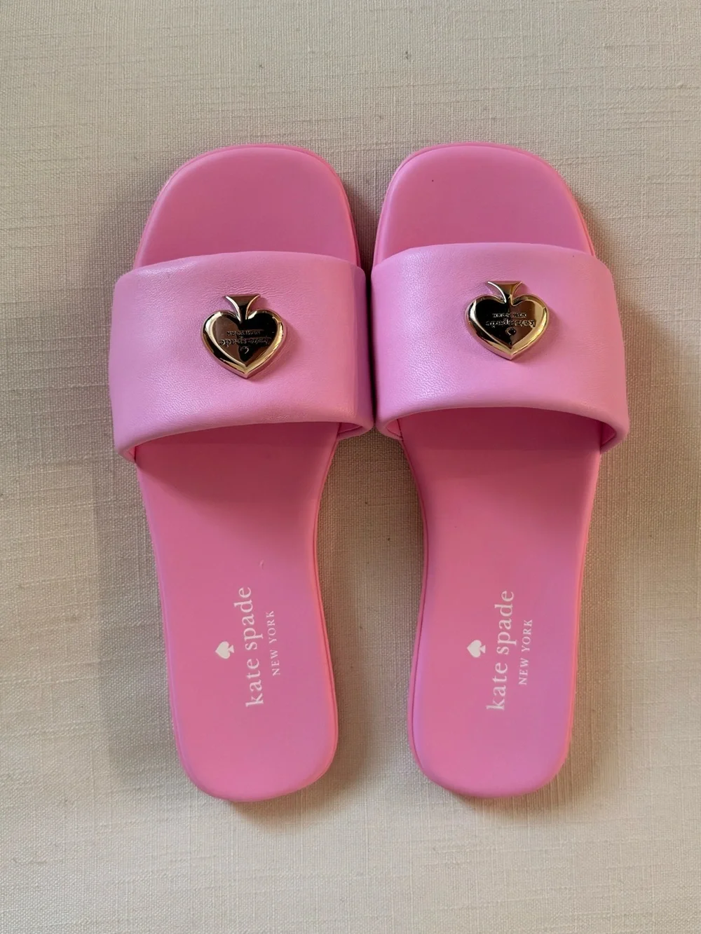 kate spade Pink Slide Sandals with Gold Heart Accent